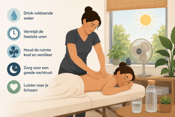 masseren bij warm weer, hitte en massage, hydratie en zelfzorg voor masseurs